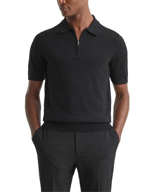 Reiss Black Maxwell Merino Wool 1/2-Zip Polo Shirt for men