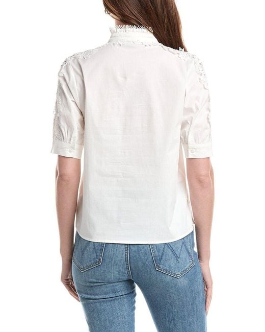 Tahari White Mandarin Collar Button Down Blouse