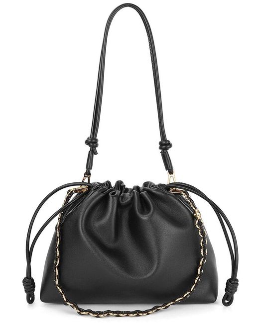 Tiffany & Fred Paris Black Elegant Chain Strap Drawstring Leather Messenger Bag