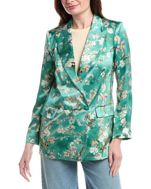 L'Agence Green Taryn Double-Breasted Silk Blazer