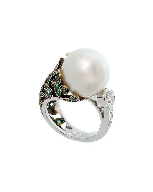 Chanel White 18K 1.90 Ct. Tw. Diamond & Emerald & Paraiba Tourmalines Pearl Ring (Authentic Pre-Owned)