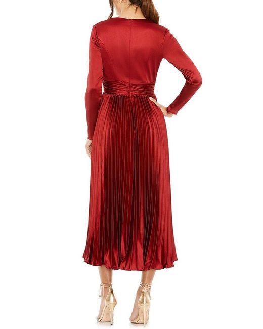 Mac Duggal Red Pleated Long Sleeve V-Neck Dress
