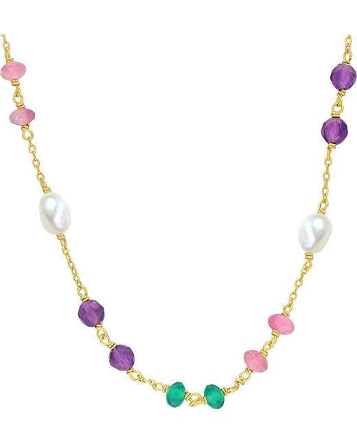 Rina Limor Metallic 4.65 Ct. Tw. Amethyst, Onyx And Tourmaline & 4-5.5 Mm Pearl Bead Station Necklace