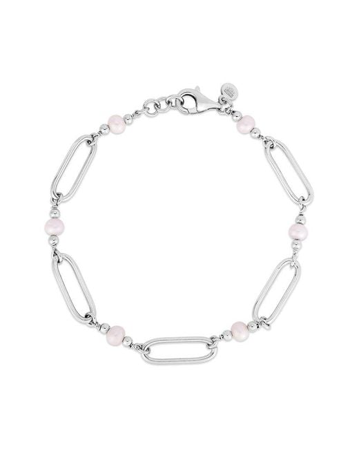 Italian Silver White Piazza Di Spagna 3-4Mm Pearl Paperclip Link Station Bracelet