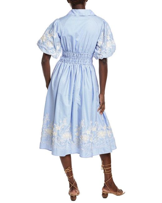 Gracia Blue Elastic Waist Embroidered Midi Dress