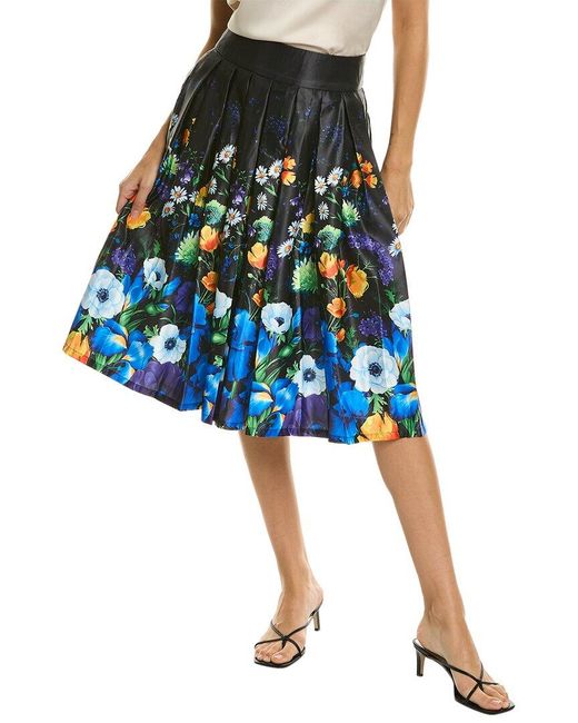 Gracia Blue Pleated Flower Print A-Line Skirt