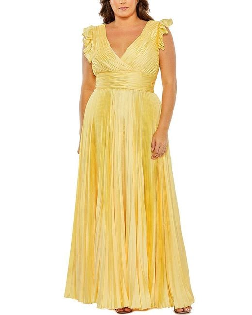 Mac Duggal Yellow Plus Flutter Sleeve Pleated A-Line Dress