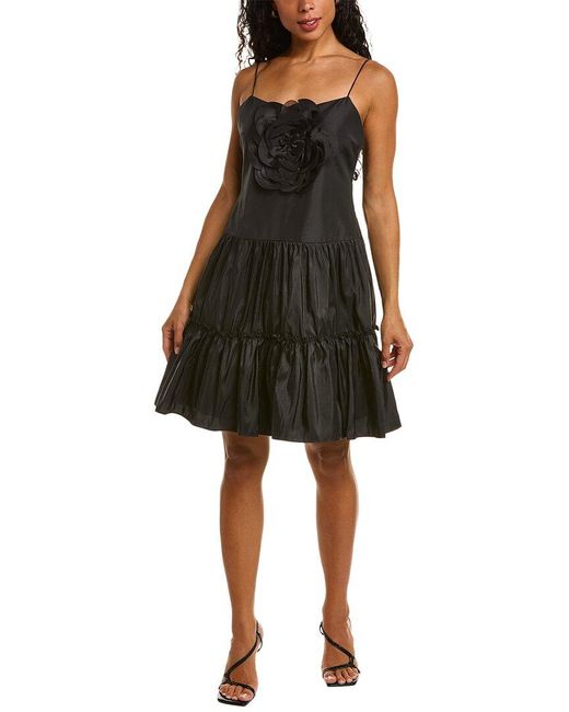 Zac Posen Black Floral-appliqué Tiered-skirt Woven Mini Dress