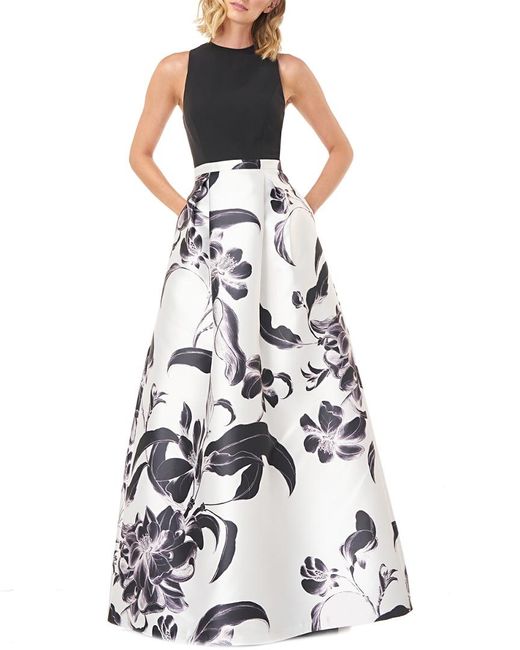 Kay Unger Black Brianna Printed Mikado Gown