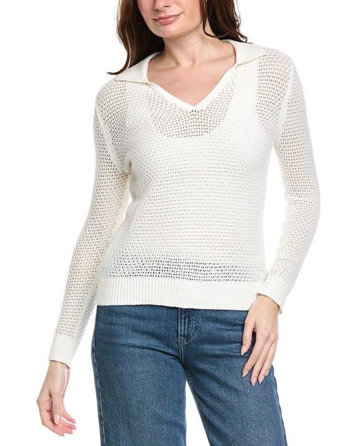 Hannah Rose White Arwen Textured Polo Collar Cashmere-Blend Sweater
