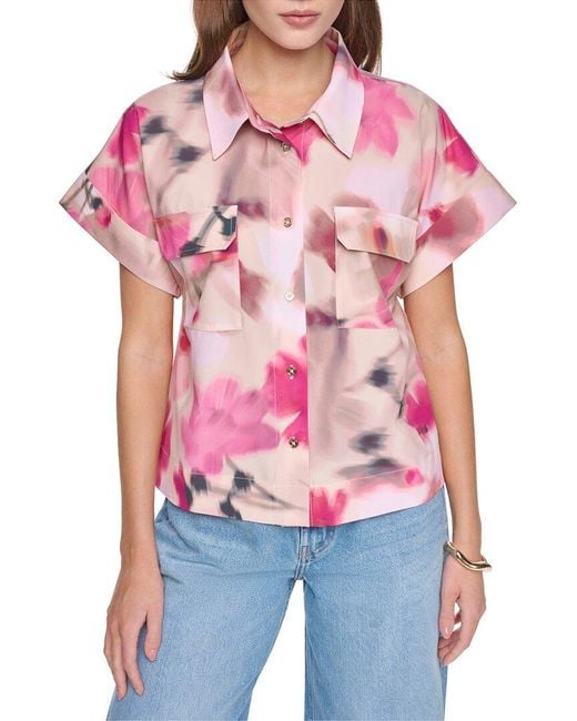 Halston Heritage Red Printed Short Sleeve Button Up Shirt