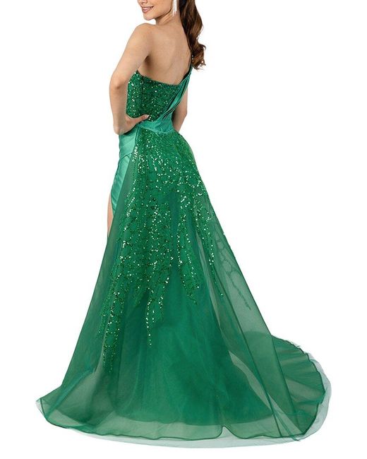 Terani Green One Shoulder Solid Maxi Dress