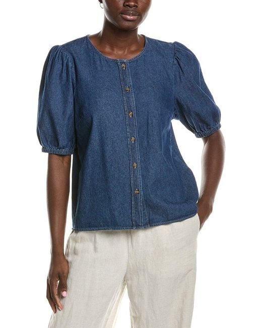 Anne Klein Blue Gathered Chambray Blouse