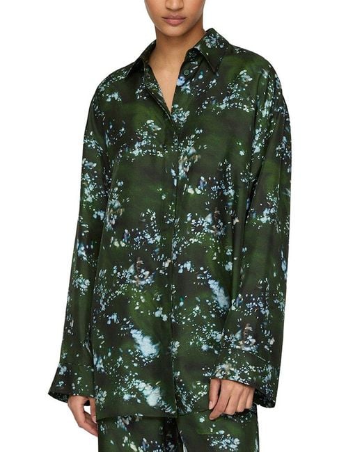 Lafayette 148 New York Green Boyfriend Oversized Silk Shirt