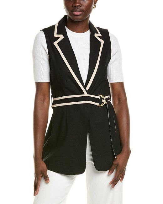 Ellen Tracy Black Belted Sleeveless Linen-Blend Blazer