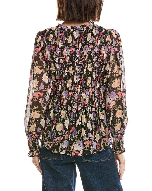 Cece Brown Smocked Bodice & Cuff Peplum Top