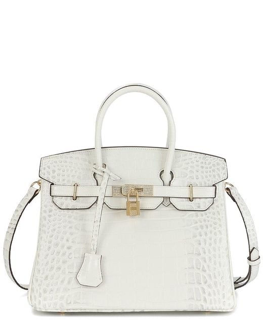 Tiffany & Fred Paris White Croco Embossed Large Leather Satchel