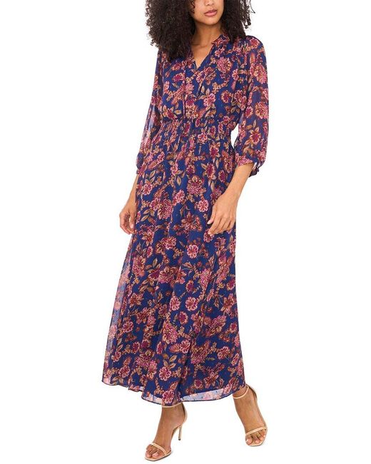 Vince Camuto Purple Printed Tie-neck Puff-sleeve Maxi Dress