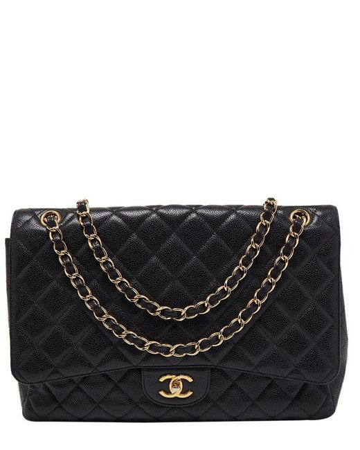 Chanel Black Quilted Caviar Leather Maxi Classic Single Double Flap Bag (Authentic Pre-Owned)