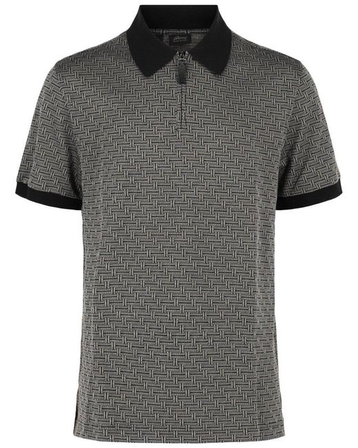 Brioni Gray Geometric Contrast-Trim Silk-Blend Polo for men
