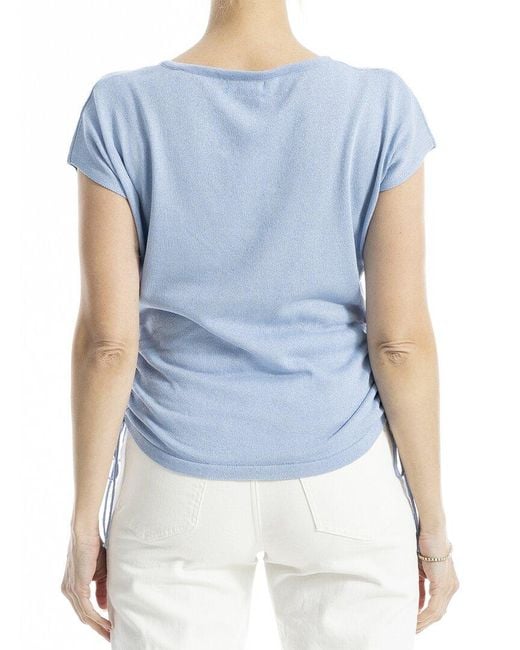 Max Studio Blue Ruched Cap Sleeve Linen-Blend Sweater