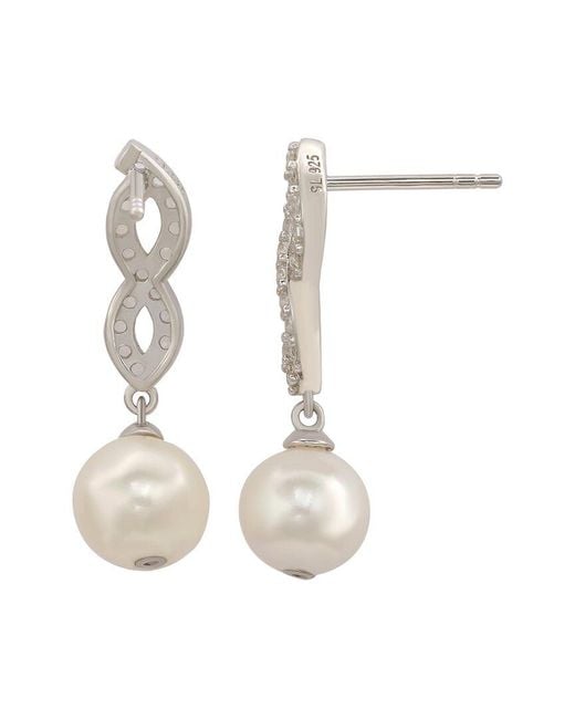 Suzy Levian Silver Created White Sapphire & 8mm Pearl Infinity Dangle Earring