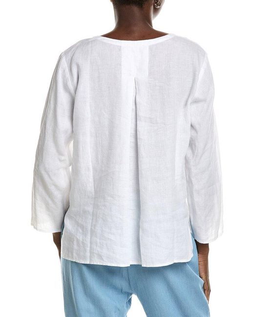 Eileen Fisher White Round Neck Linen Top