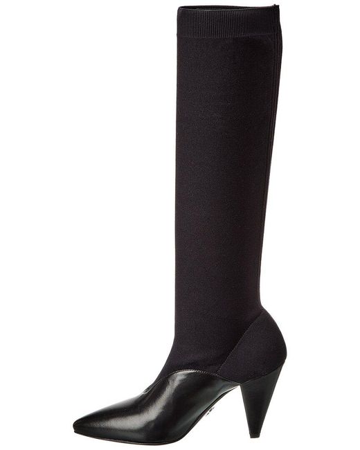 Prada Black Logo Knit & Leather Pointy-toe Knee-high Boot