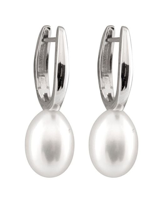 Splendid White Rhodium Plated Silver 7-7.5mm Freshwater Pearl Drop Earrings