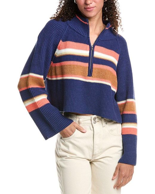 Free People Blue Striped Greta 1/2-Zip Pullover