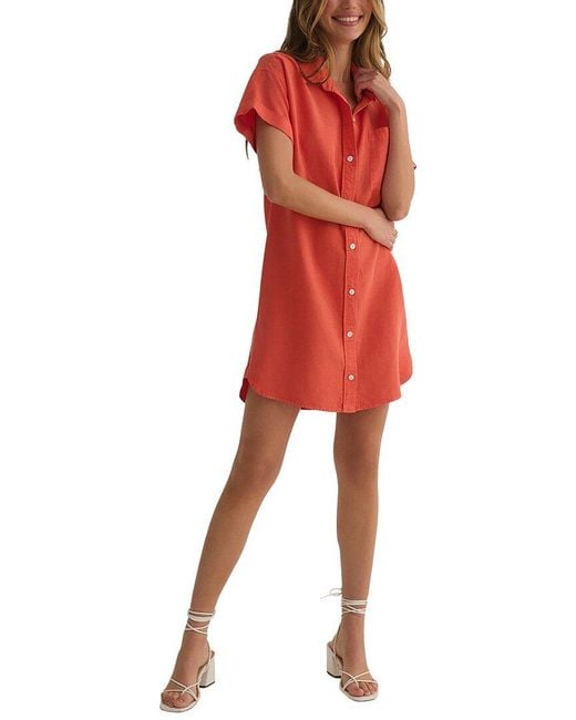 Bella Dahl Red Roll Sleeve Pocket Linen-Blend Shirtdress
