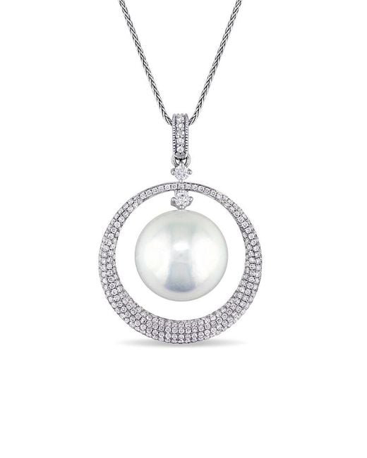 Pearls White 14k 1.00 Ct. Tw. Diamond & 13-13.5mm South Sea Pearl Floating Halo Pendant