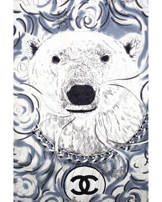 Chanel Blue Limited Edition Polar Bear Camellia Silk Scarf (Authentic Pre-Owned)