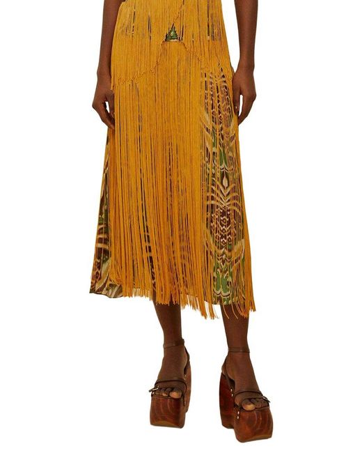 Farm Rio Metallic Pineapple Tapestry Fringe Midi Skirt