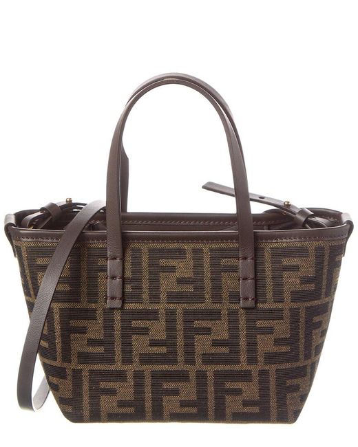 Fendi Roll Mini Ff Jacquard Canvas & Leather Tote in Brown Fendi Roll Mini Ff Jacquard Canvas & Leather Tote in Brown