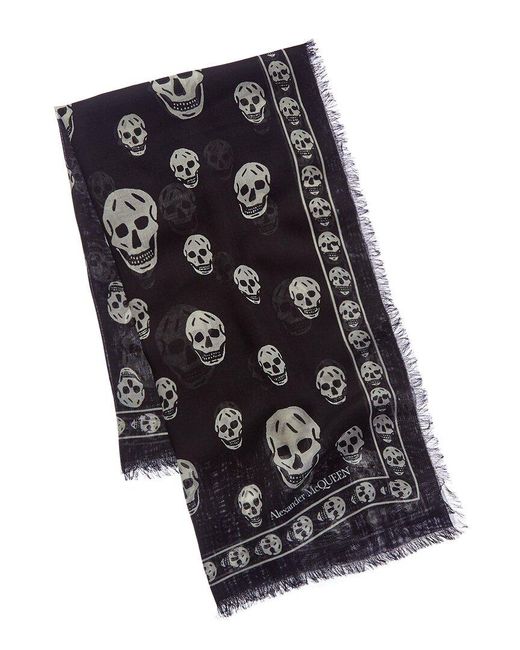 McQueen Blue Skull Silk-blend Fringed Scarf for men