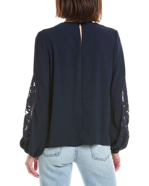 Tahari Blue Embroidered Sleeve Blouse