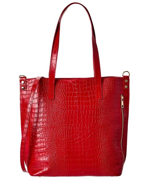 Italian Leather Red Croc-Embossed Shoulder Bag