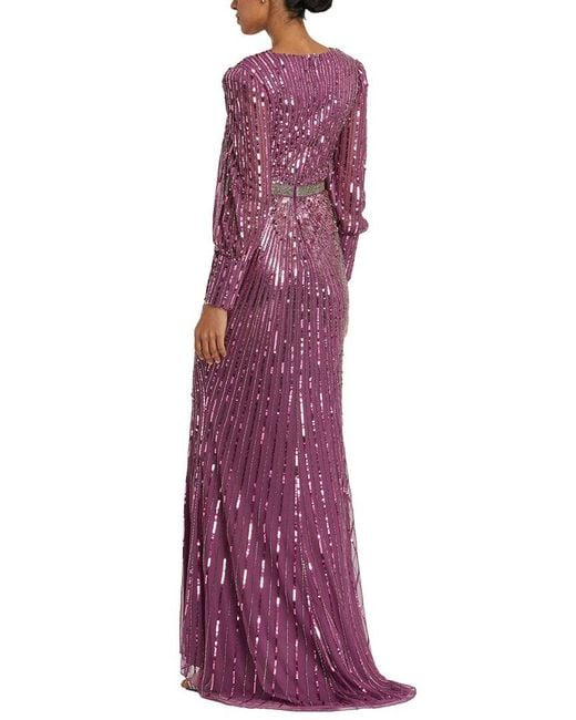 Mac Duggal Purple Sequined Wrap Over Bishop Sleeve Gown