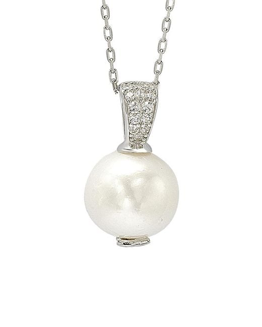 Suzy Levian White Silver 0.13 Ct. Tw. Sapphire & 10mm Pearl Necklace