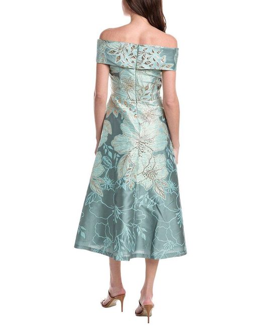 Teri Jon Blue Metallic Jacquard Floral Off Shoulder A-Line Dress