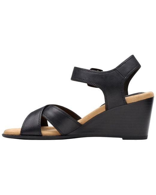 Clarks Black Emmalae Iris Leather Wedge Sandal