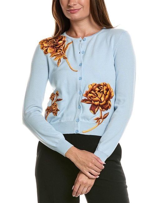 Oscar de la Renta Blue Tonal Peony Embroidered Wool Cardigan