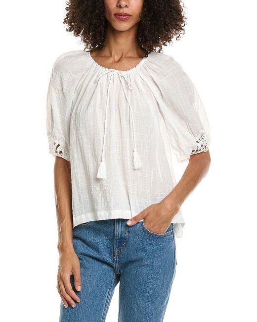 Max Studio White Crochet Inset Elbow Sleeve Blouse