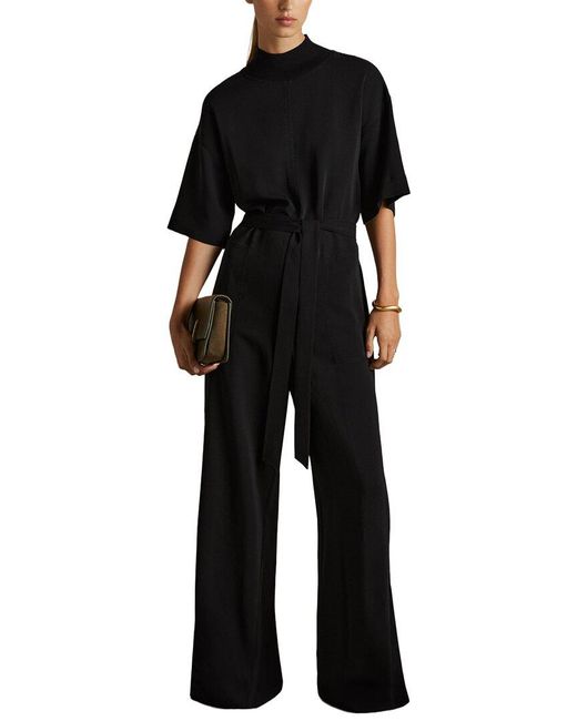 Reiss Black Ruby Woven Rib Trim Jumpsuit