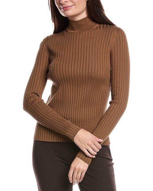 Lafayette 148 New York Brown Ribbed Split Mock Neck Silk-Blend Sweater