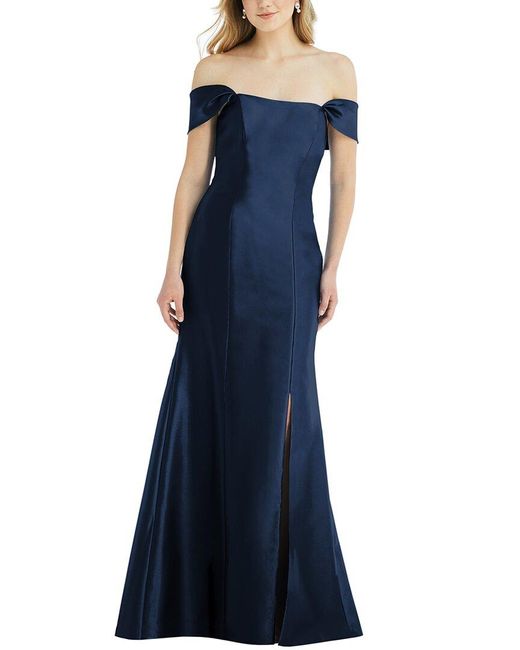 Alfred Sung Blue Off-the-shoulder Bow-back Satin Trumpet Gown