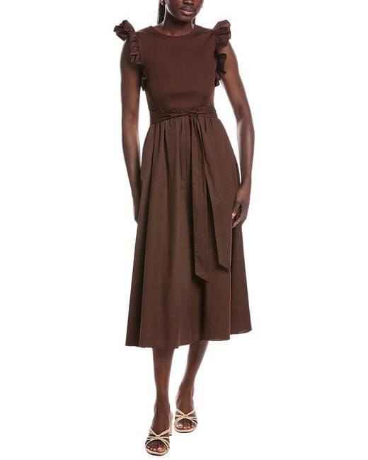 Anne Klein Brown Mixed Knit & Woven Midi Dress
