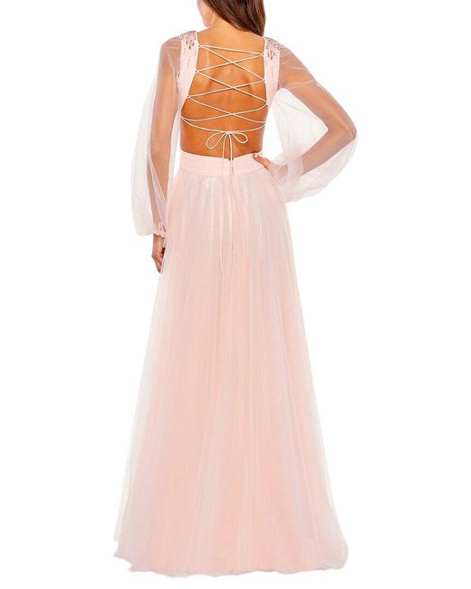 Mac Duggal Pink Tulle Puff Sleeve Cut Out Lace Up A-Line Gown