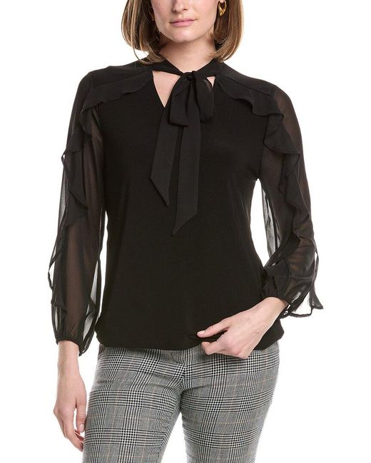 Anne Klein Black Ruffle Tie Neck Top
